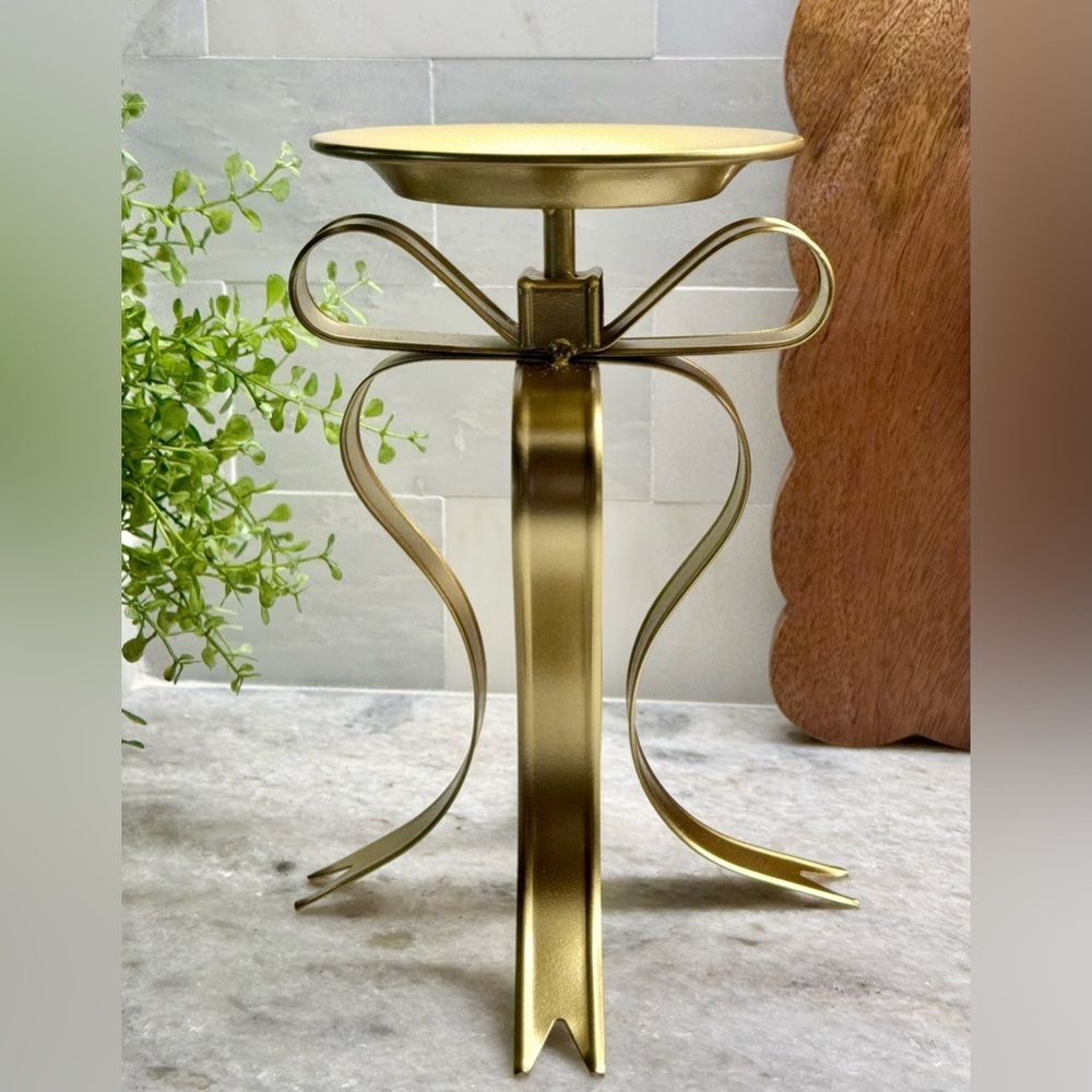 New Gold Bow Holiday Birthday Metal Pillar Candle Holder Home Decor - 8”